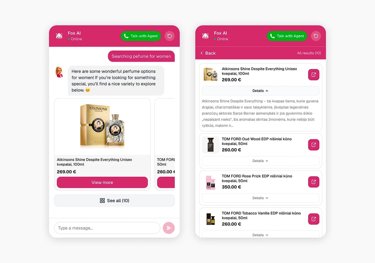 Loqara chat widget showing live product cards with prices in response to a product question