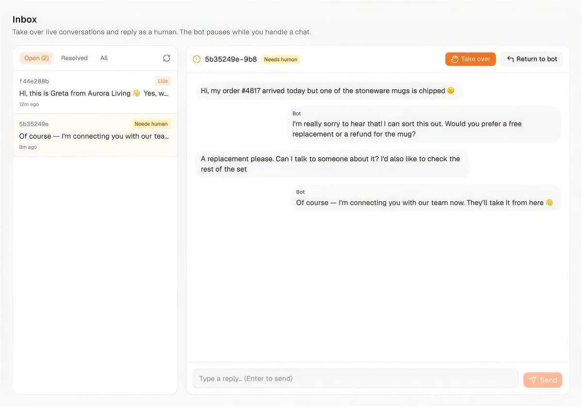 Loqara agent inbox with an escalated conversation open and the Take over and Return to bot controls