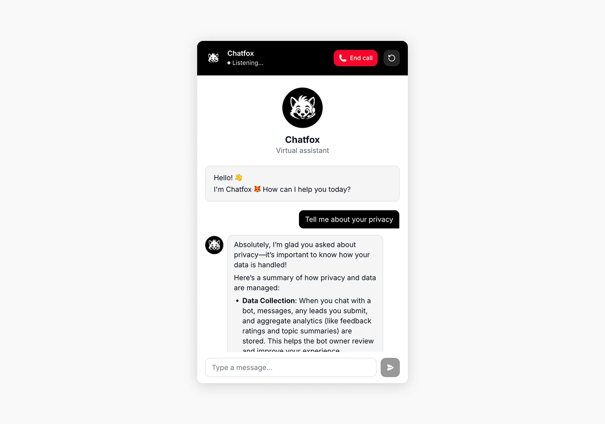 Loqara widget during a live voice call — the assistant listens and answers the customer’s spoken question in chat