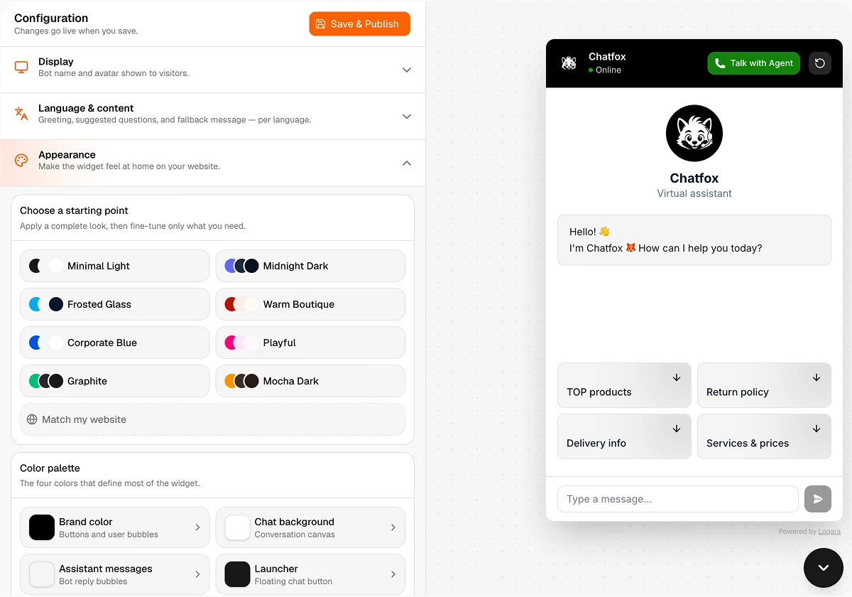 Loqara widget configurator with theme presets next to a live branded preview of the chat widget