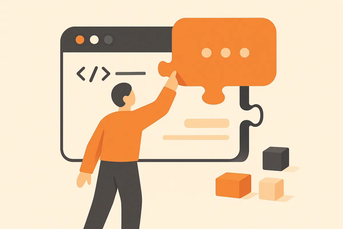 Illustration of a chat bubble snapping into a browser window — adding an AI agent to a website in one line