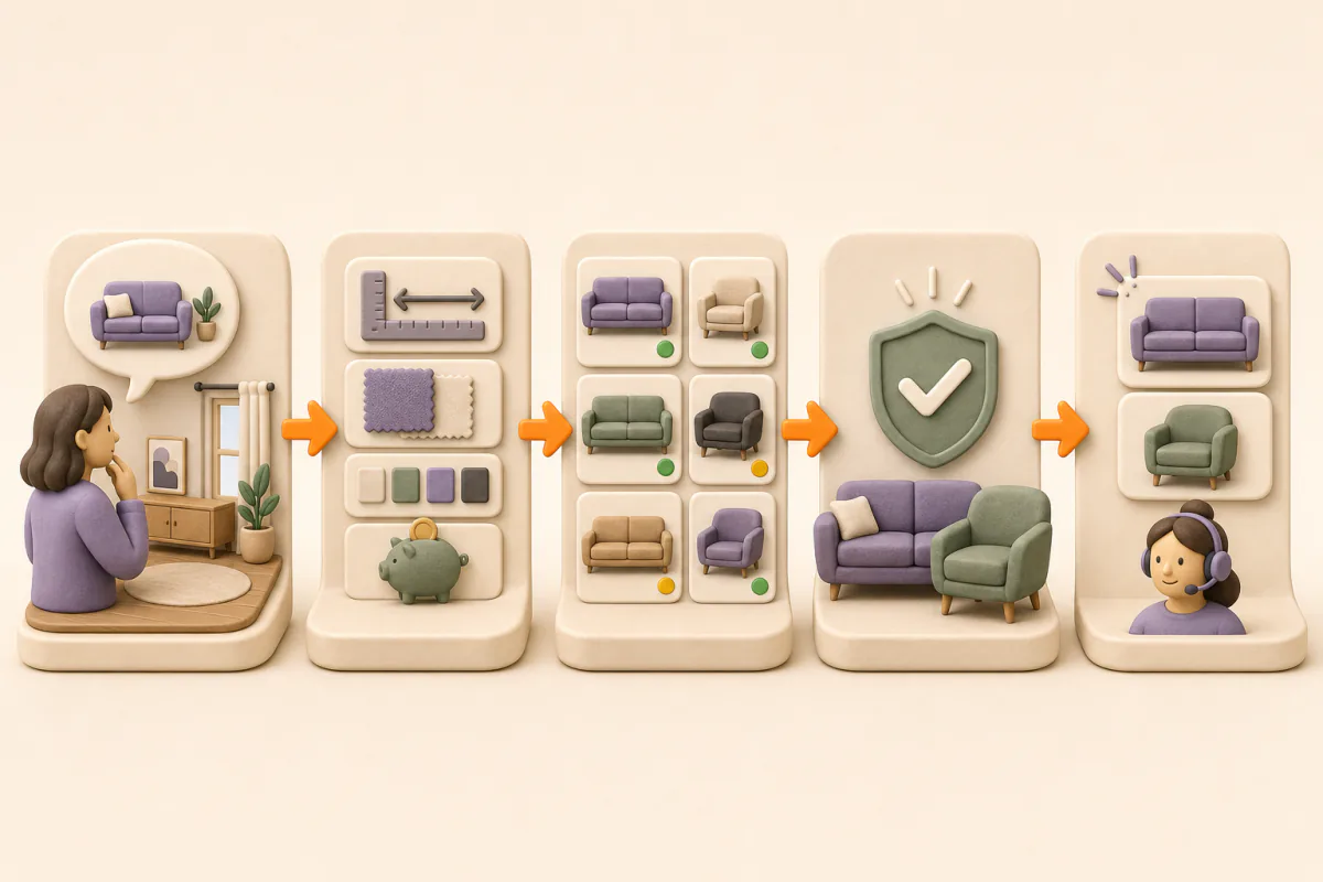 A five-stage furniture recommendation process moving from a shopper's room through dimension, material, colour and budget constraints to live products, verified facts, a shortlist and human help