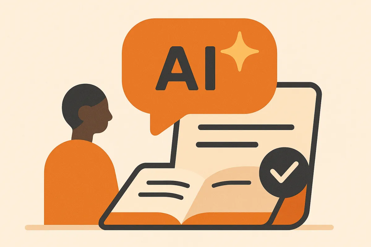 Illustration of a chat bubble with an AI sparkle in front of a document with a checkmark — grounded answers from your own content