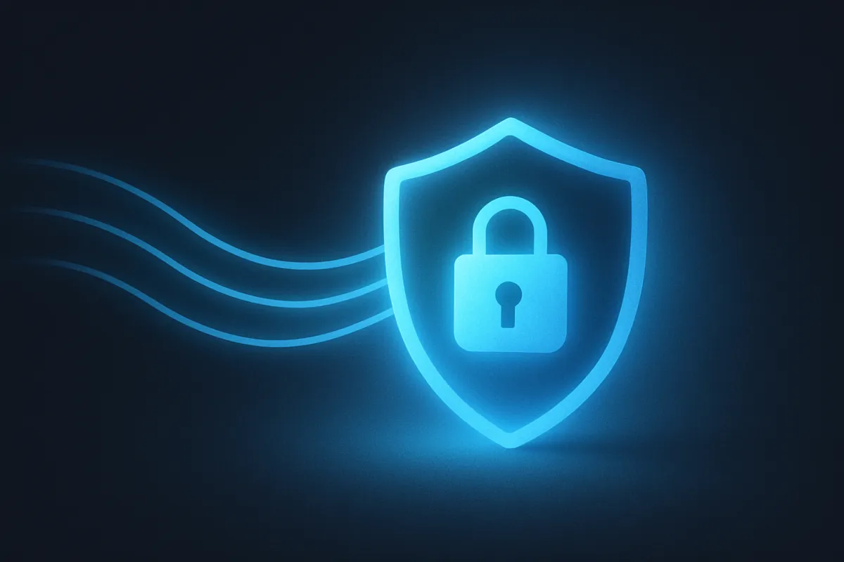 Illustration of data streams flowing into a glowing padlock shield