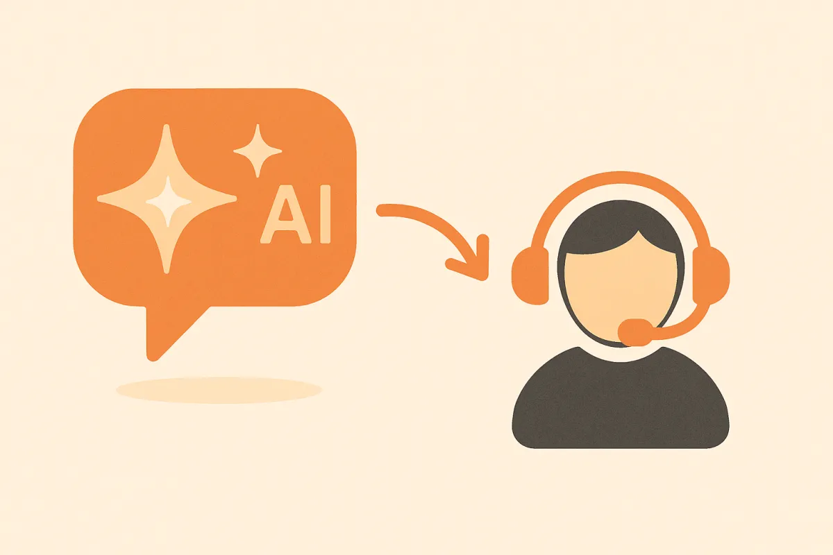 Illustration of an AI chat bubble handing off to a headset icon — smooth AI-to-human handoff