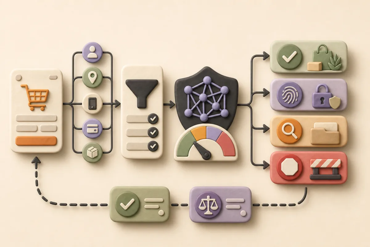 A visual fraud decision flow from checkout signals through eligibility rules and AI risk score into allow, authenticate, review, or block paths with feedback