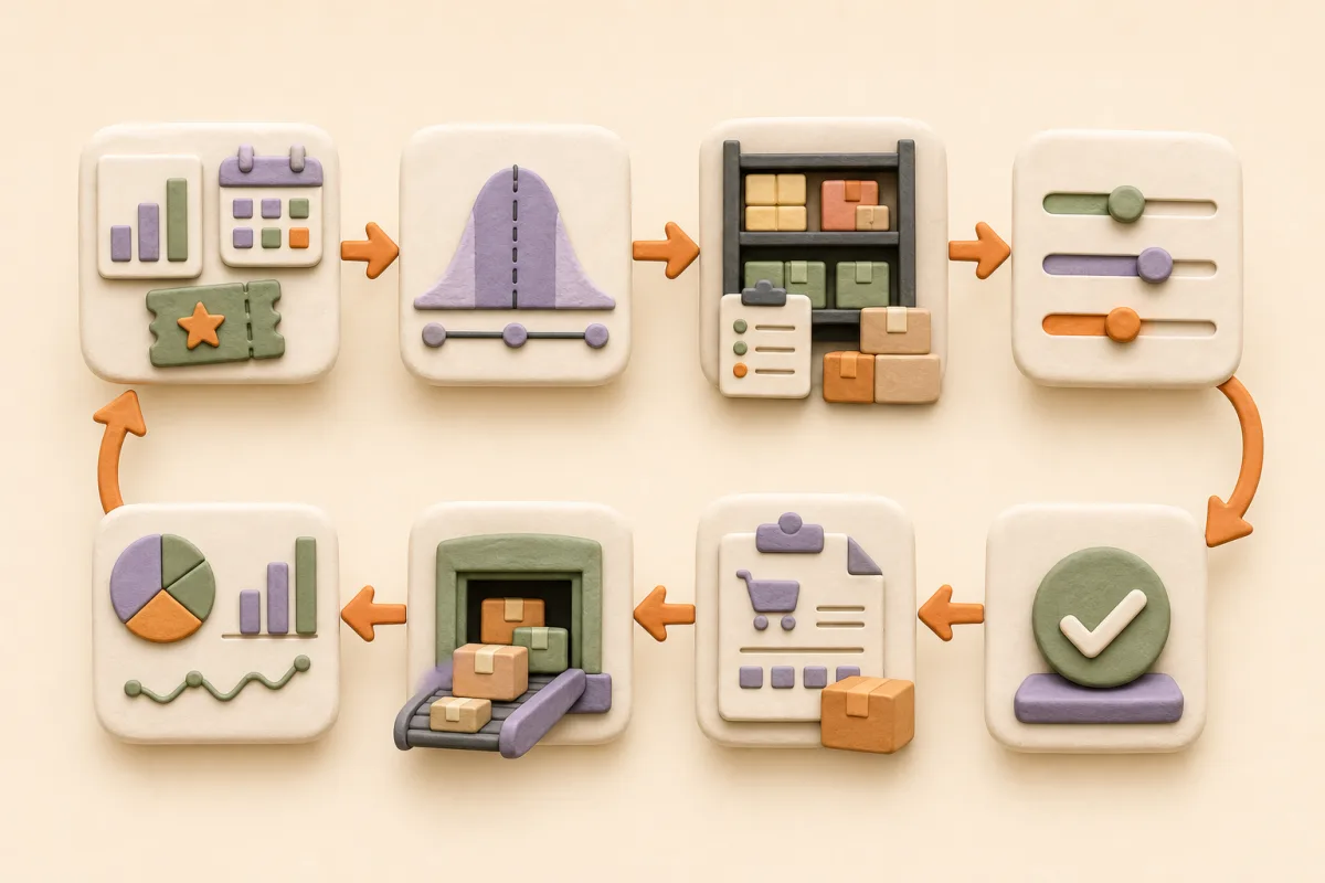 A visual inventory decision loop from sales and event data to demand range, replenishment rules, buyer review, purchase order, and actual results
