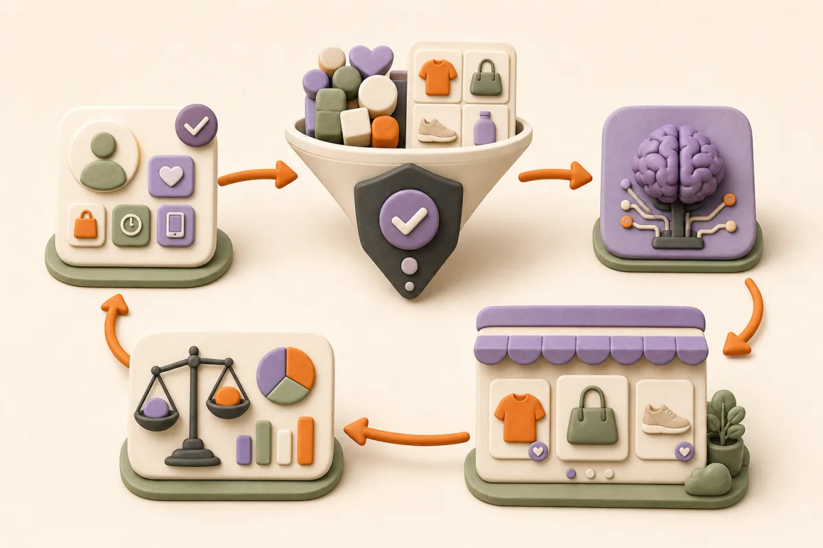 A visual loop connecting consented shopper context and product data to eligibility rules, AI ranking, a personalized surface, and measured feedback