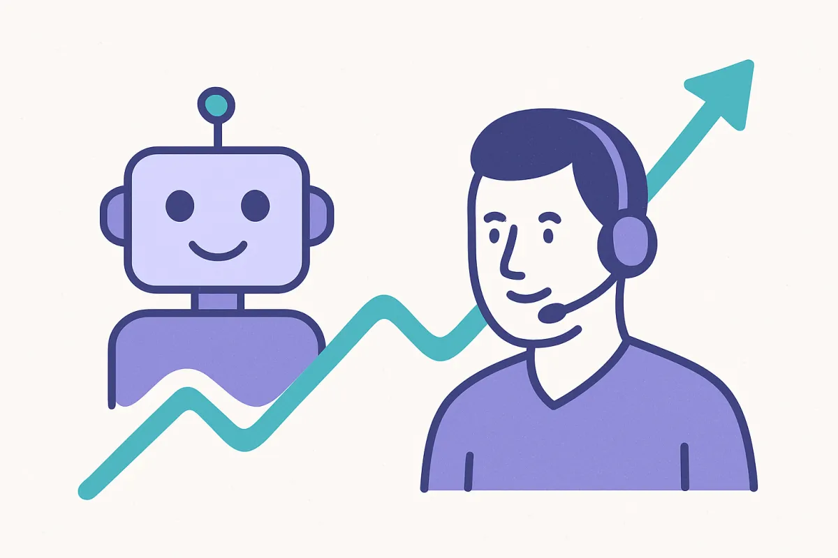 Illustration of 2026 AI support trends: an upward trend line weaving between a robot icon and a human support agent icon