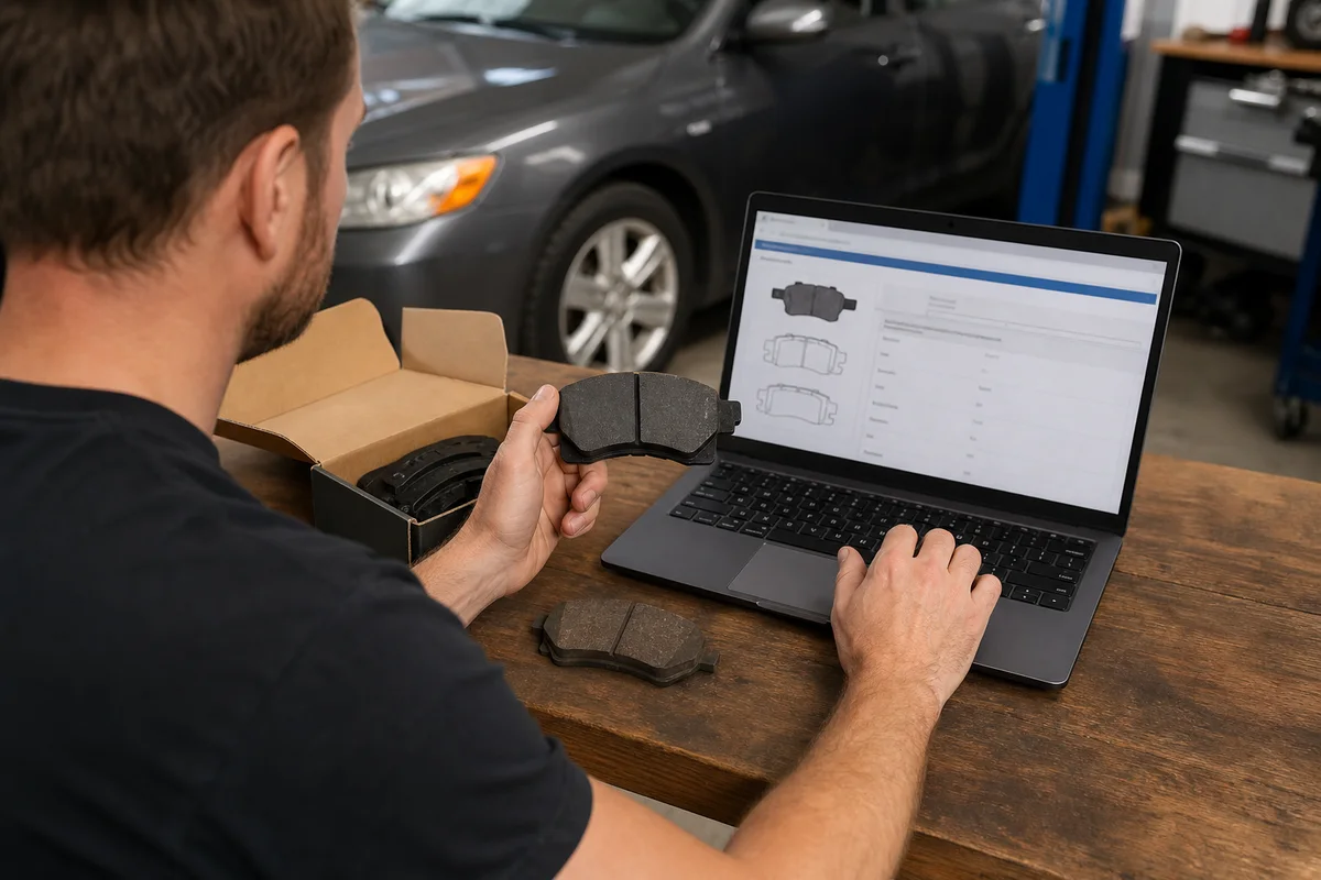 A shopper checks a replacement brake component against vehicle details on a laptop while the screen faces the shopper