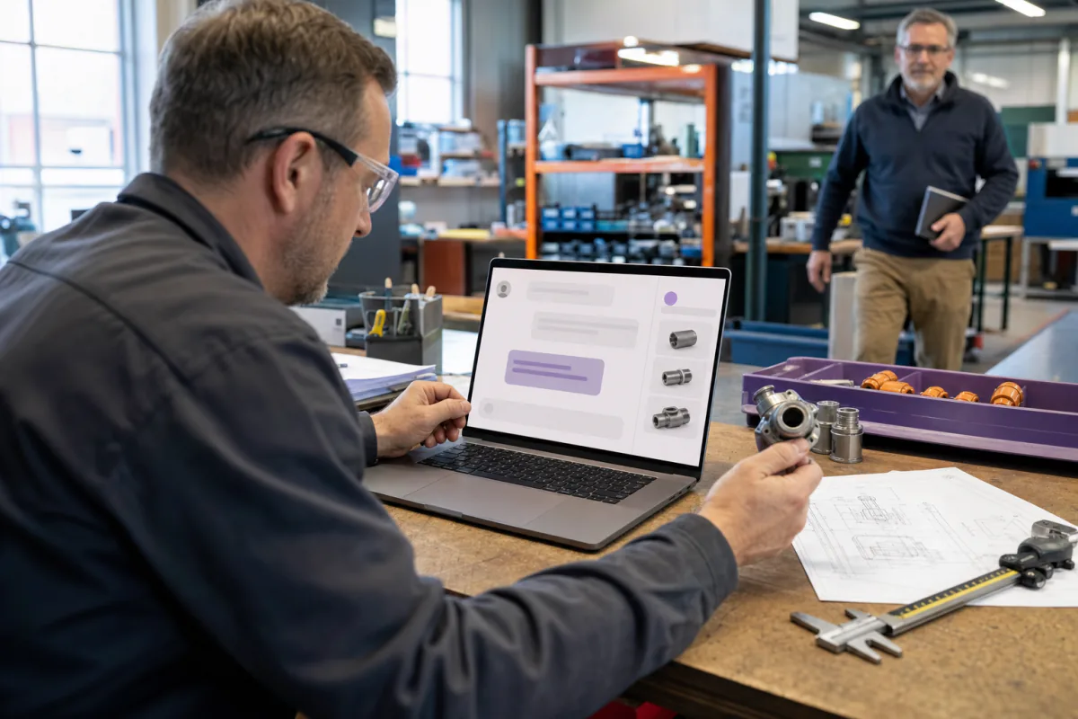 A technical buyer compares an industrial fitting and drawing while an online assistant organizes the requirements for a specialist