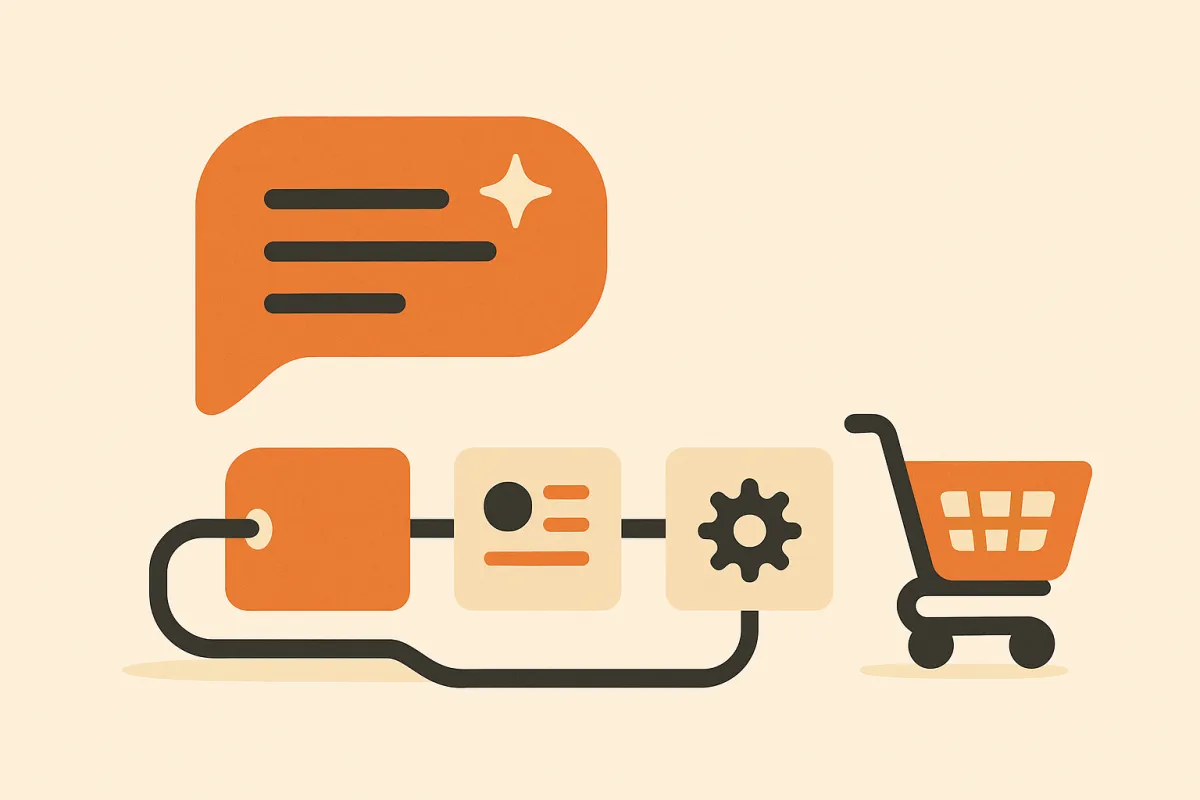 Illustration of an AI chatbot plugged into a WooCommerce store — a chat bubble, plugin blocks, and a shopping cart