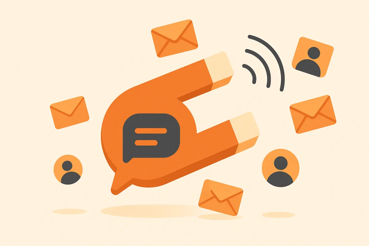 Illustration of a chat bubble acting as a magnet attracting contact and envelope icons — capturing leads through conversation
