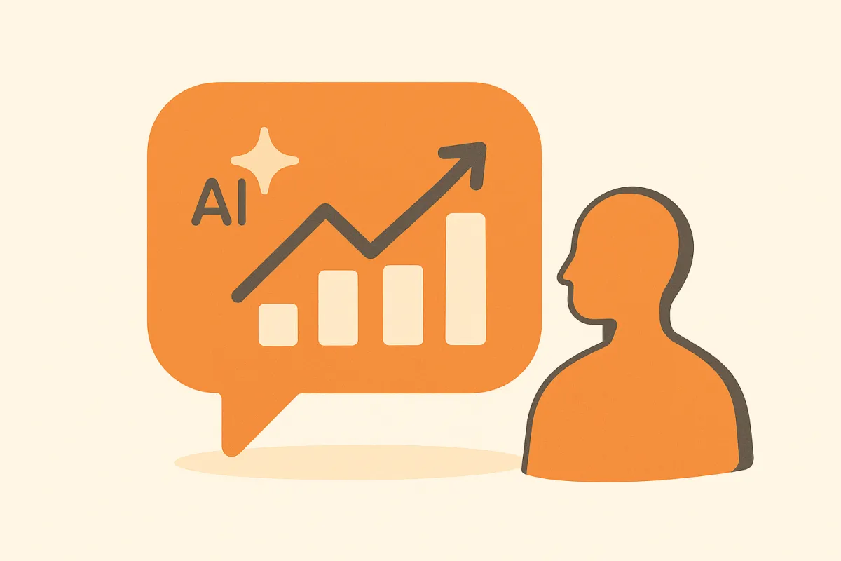Illustration of a chat bubble beside an ascending bar chart and upward arrow — measuring chatbot ROI metrics