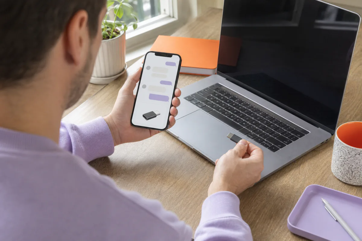 A shopper compares a laptop port and adapter while using a conversational product assistant on a phone