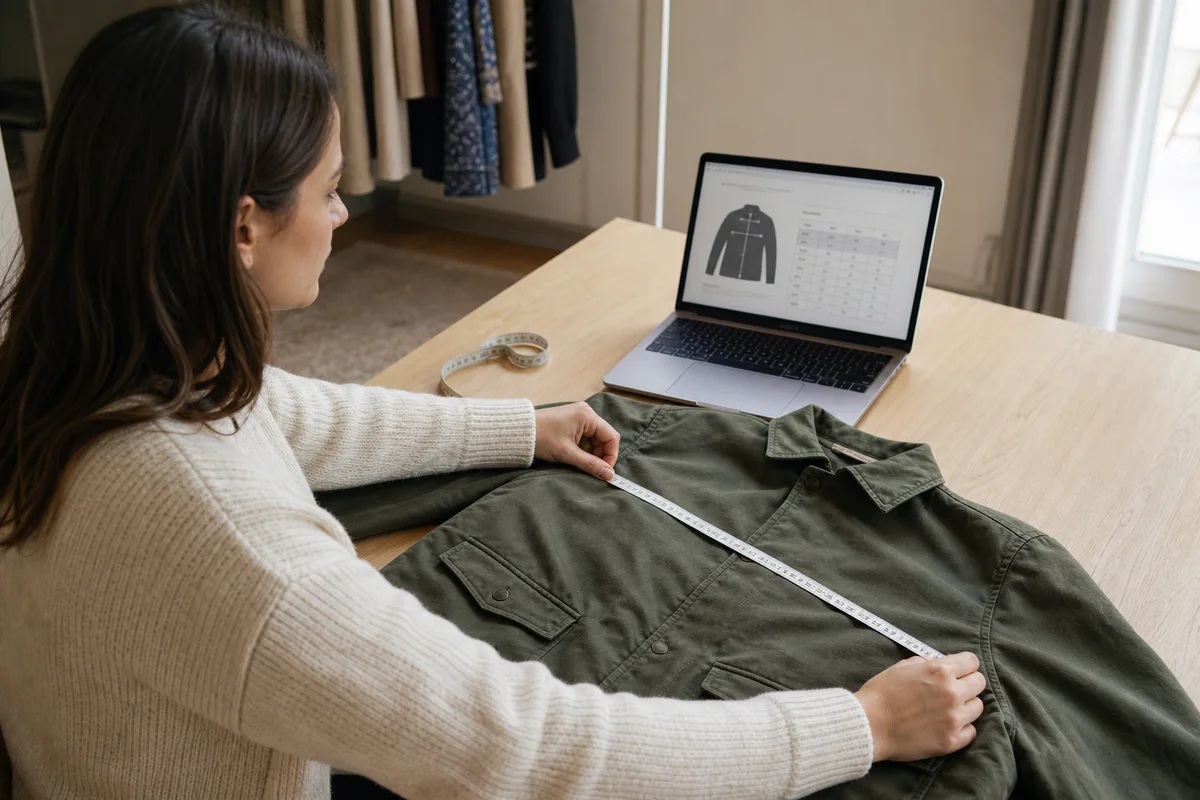 A fashion shopper measures a jacket laid flat while comparing its documented dimensions on a correctly oriented laptop