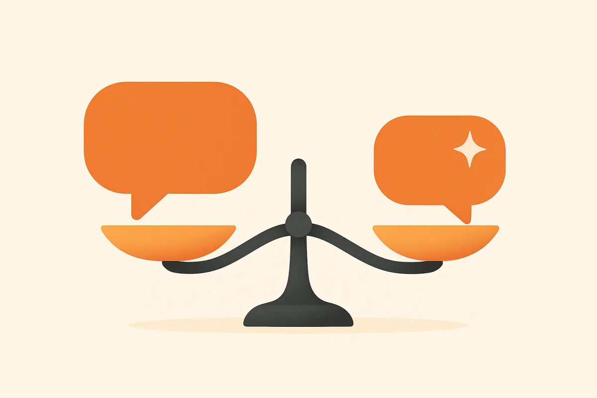 Illustration of a balance scale weighing two chat bubbles — comparing Gorgias alternatives for e-commerce support