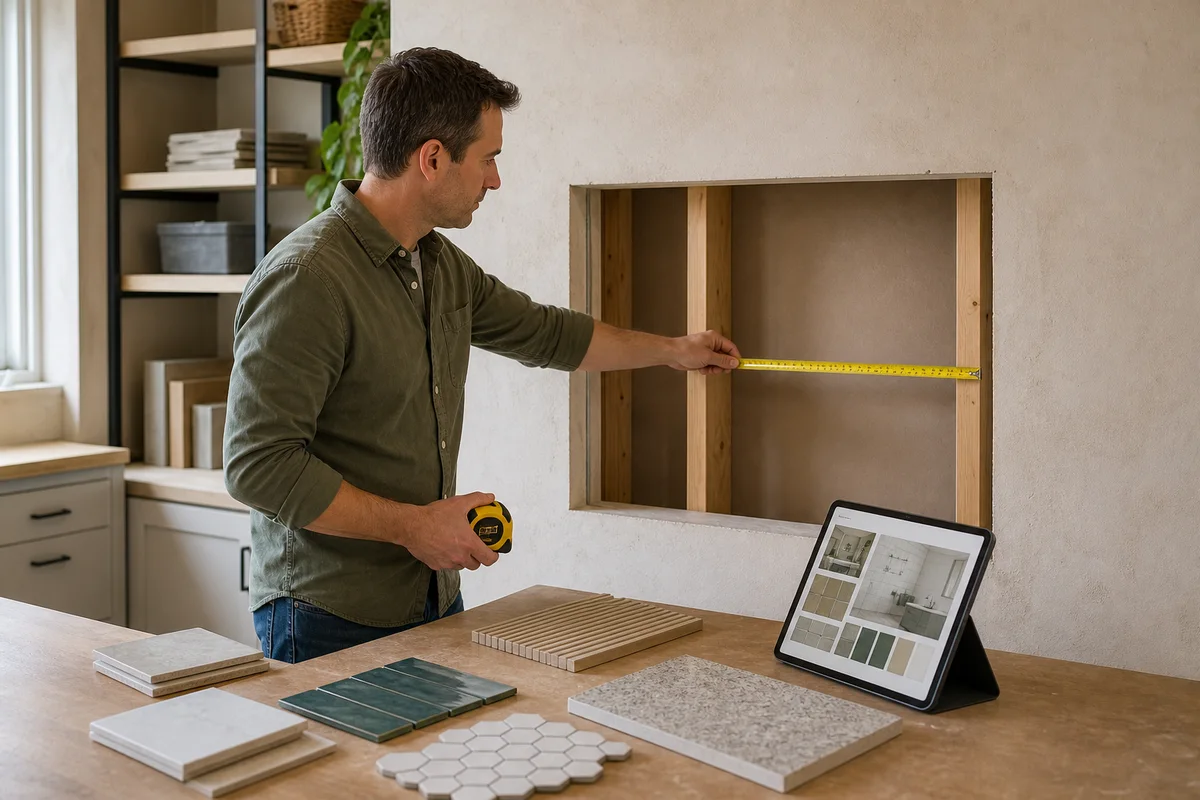 A home-improvement shopper measures a wall opening while consulting a tablet positioned toward them beside compatible project materials