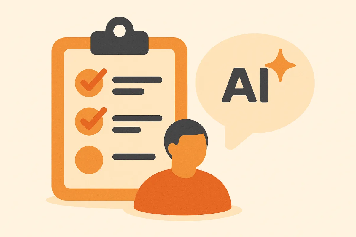 Illustration of a checklist clipboard beside an AI chat bubble — choosing the right AI support agent