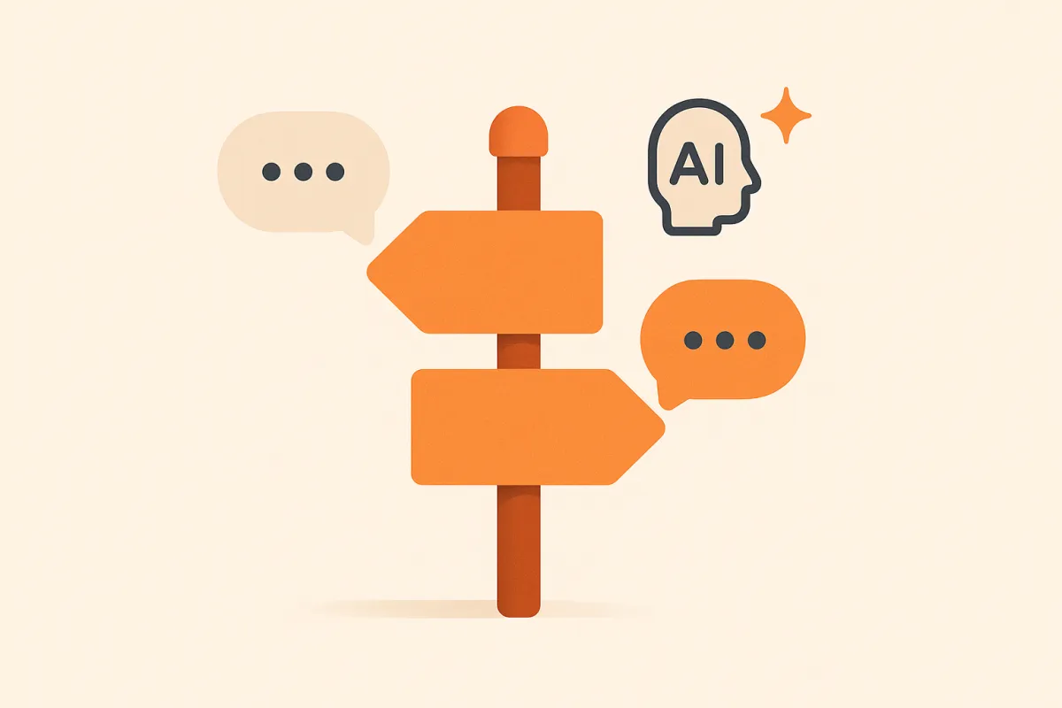 Illustration of a signpost with diverging arrows and chat bubbles — choosing an Intercom alternative for e-commerce