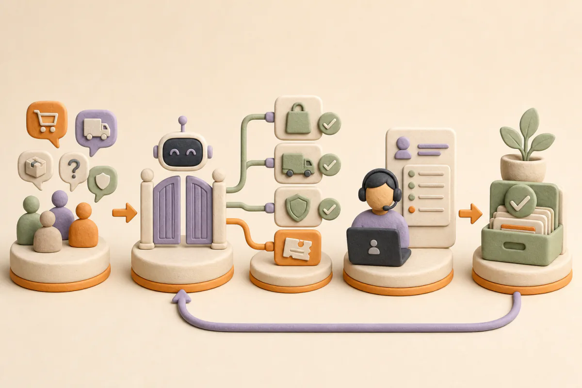 An e-commerce support flow where mixed shopper questions reach AI triage, routine product delivery and policy questions are verified, a complex exception passes with context to a human, and approved knowledge feeds back into the system
