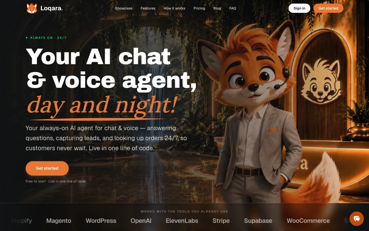 Loqara landing page: an AI chat and voice agent for online stores, with a fox mascot and integration logos for Shopify, WooCommerce and Magento
