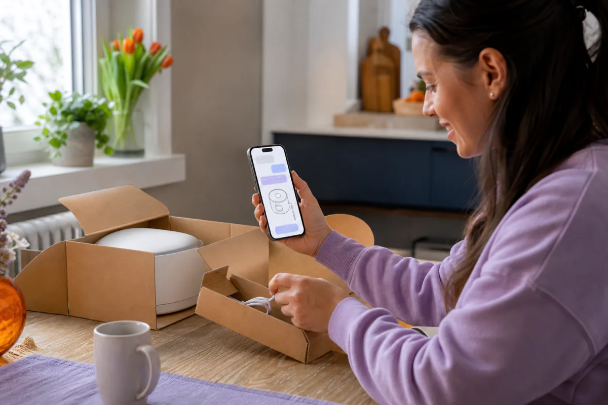 A customer follows conversational setup guidance and finds a cable packed in a separate cardboard compartment