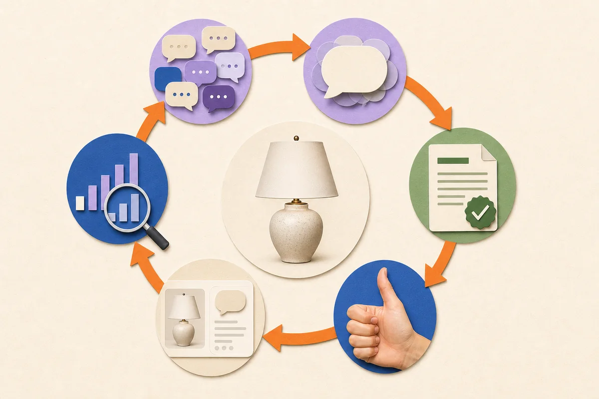 Recurring shopper questions are clustered, verified against product sources, reviewed, published visibly, and monitored for future changes