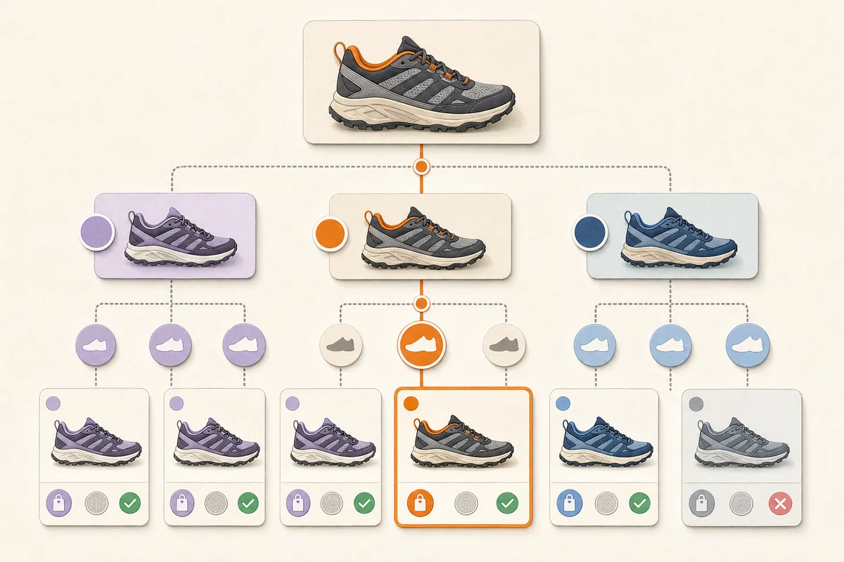 A parent product family branches into exact colour and size variants, each with its own SKU, URL, image, price, and stock state