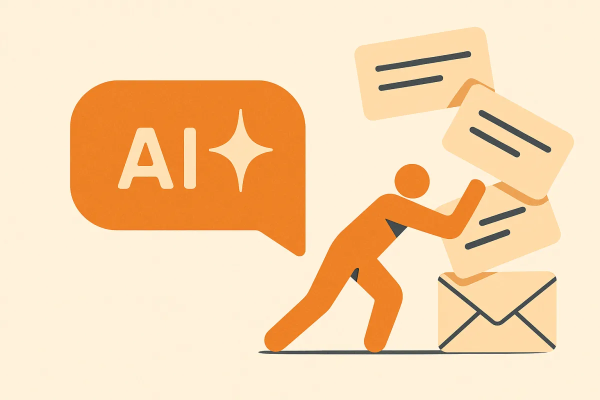 Illustration of an AI chat bubble deflecting a shrinking stack of support tickets — reducing ticket volume with AI