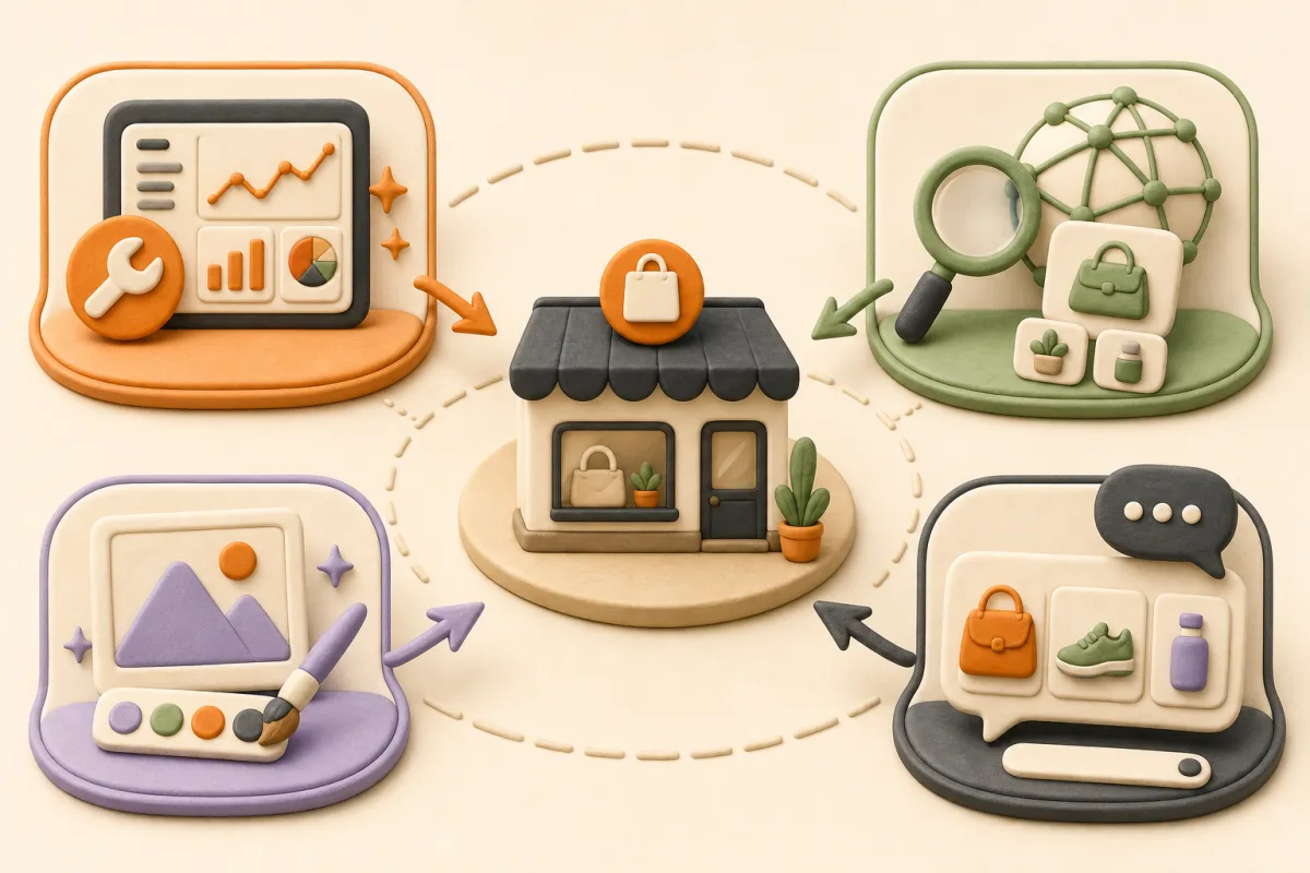A four-layer visual diagram showing merchant copilot, Shopify generative tools, storefront assistant, and external shopping agents around one store