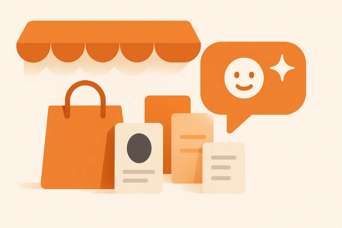 Illustration of AI-powered chat for a Shopify store: a chat bubble with an AI sparkle beside a storefront, shopping bag, and product cards