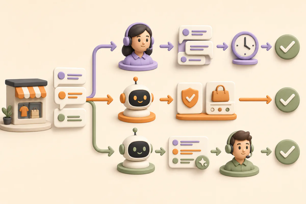 A three-route decision diagram showing native human live chat, an AI assistant for verified repetitive work, and a hybrid path where AI transfers context to a person