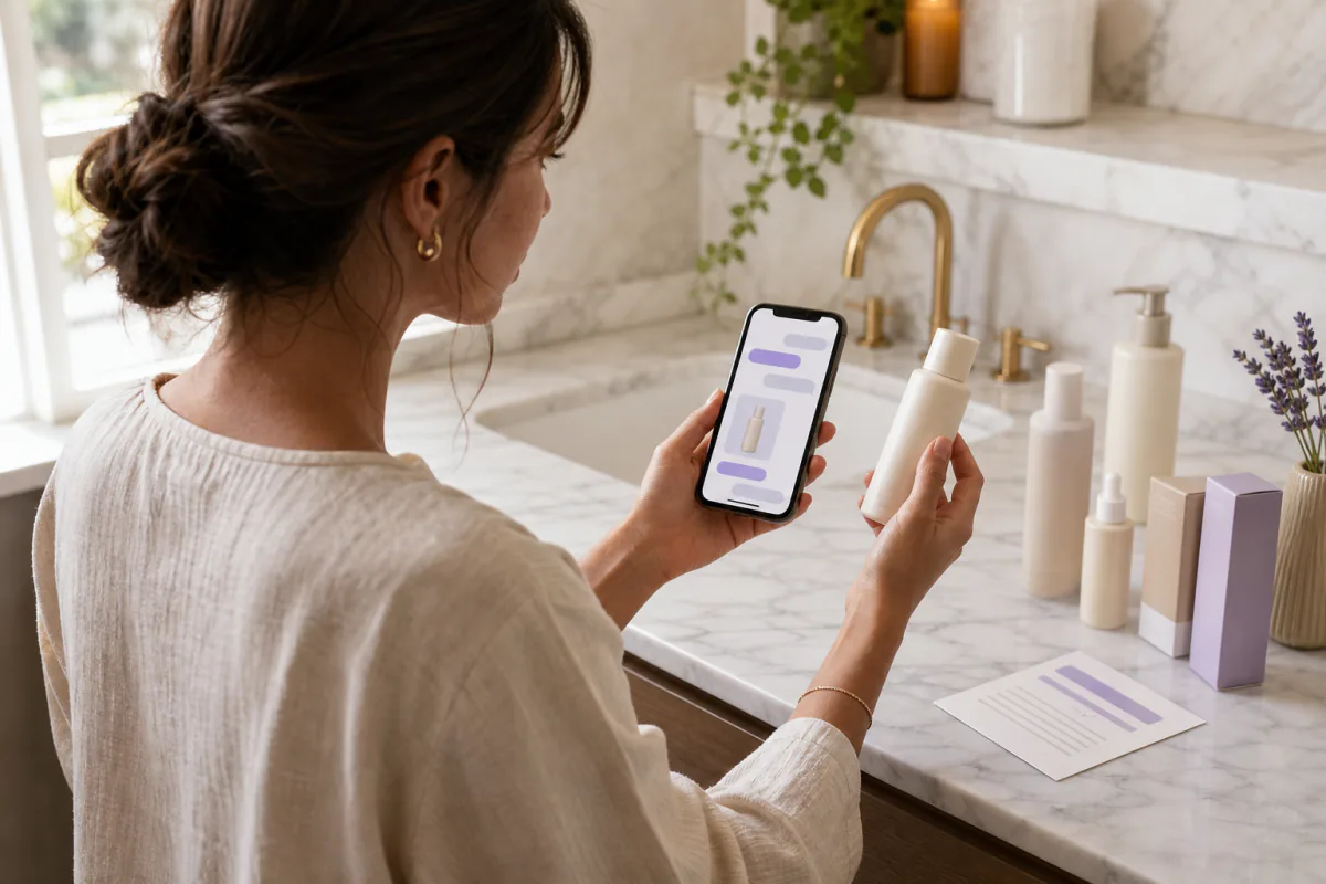A shopper compares two unbranded skincare products with published product information and a conversational store assistant