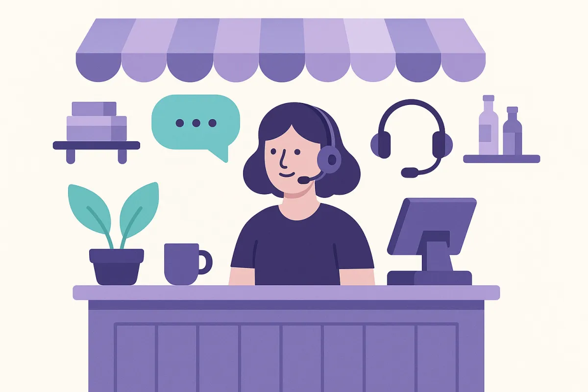 A simple checklist showing the four setup steps for a small store's AI chat widget: content, connect, customize, embed