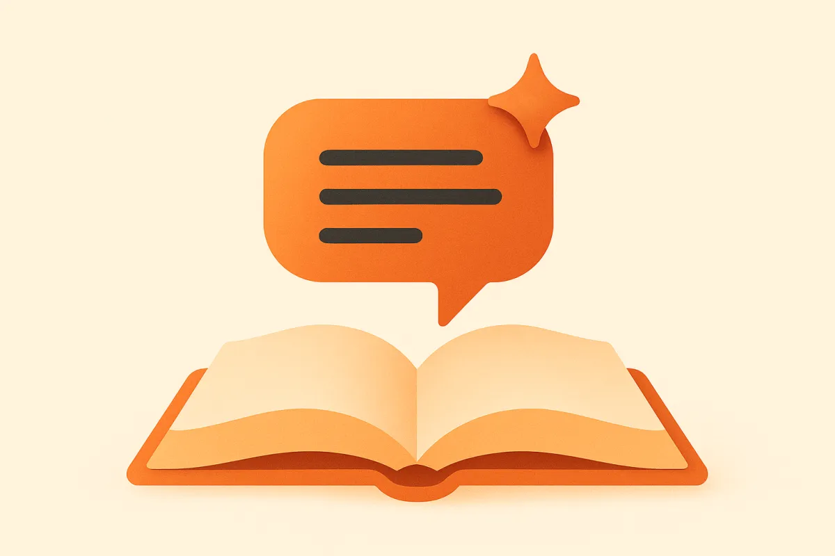 Illustration of a chat bubble resting on an open book — grounded AI answers, a Tidio alternative for e-commerce