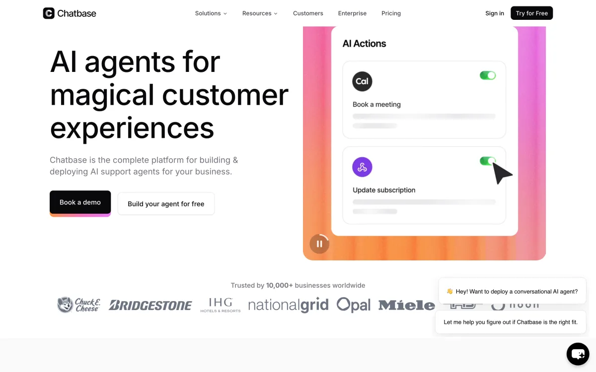 Chatbase product page showing AI agents trained on custom data with a no-code builder