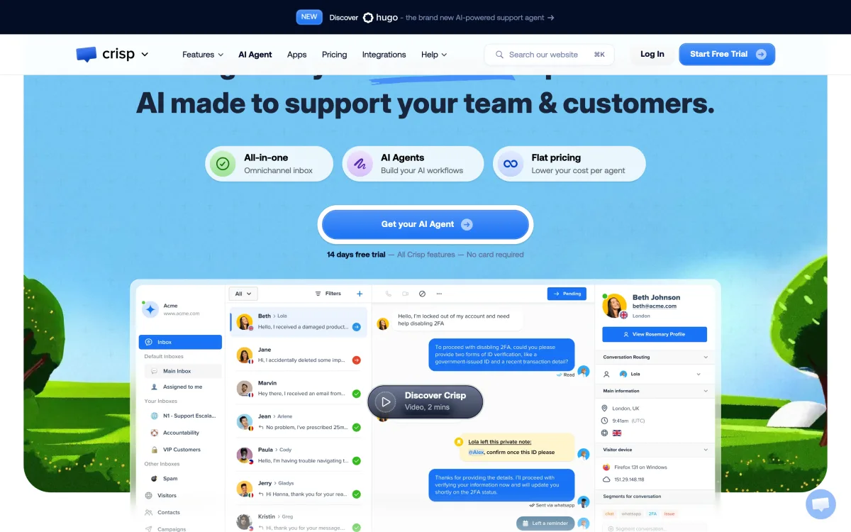 Crisp product page showing the shared inbox and AI features for customer messaging