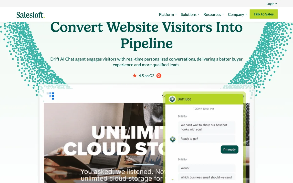 Salesloft Drift product page for the conversational marketing platform now being sunset