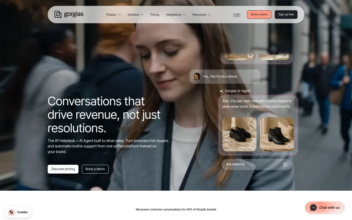 Gorgias product page showing the AI Agent and multichannel helpdesk for e-commerce