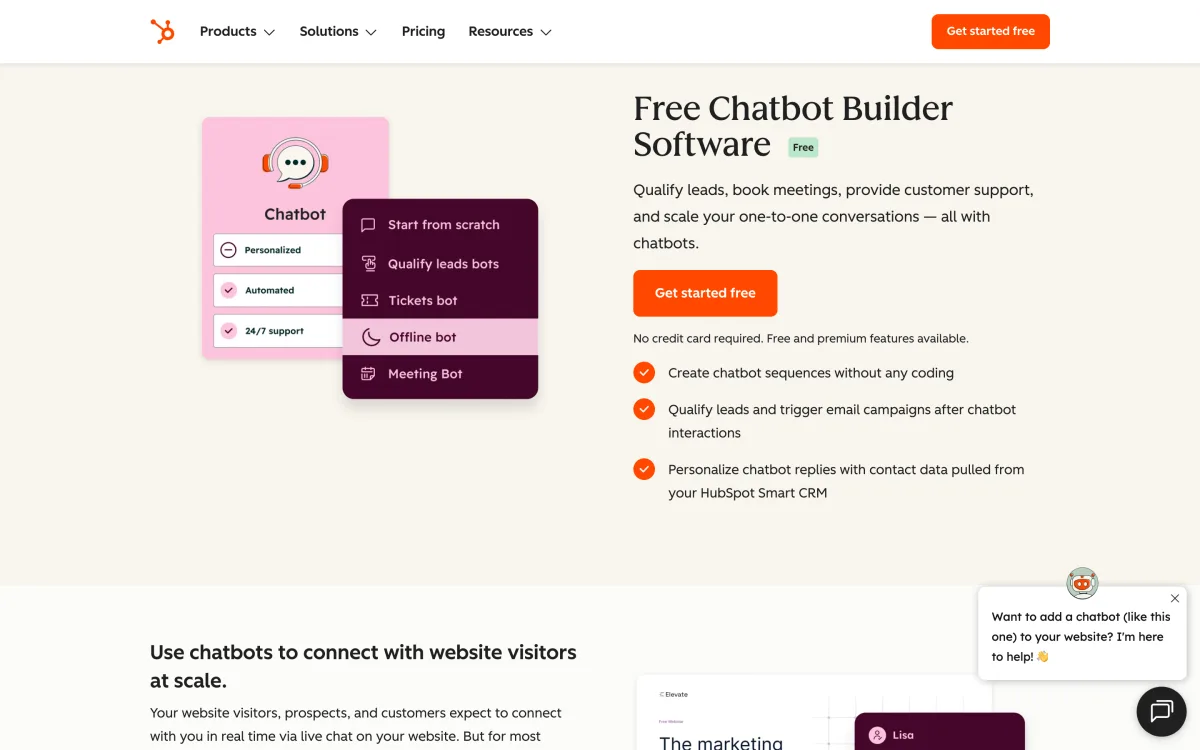 HubSpot product page showing Breeze AI customer agent connected to the HubSpot CRM