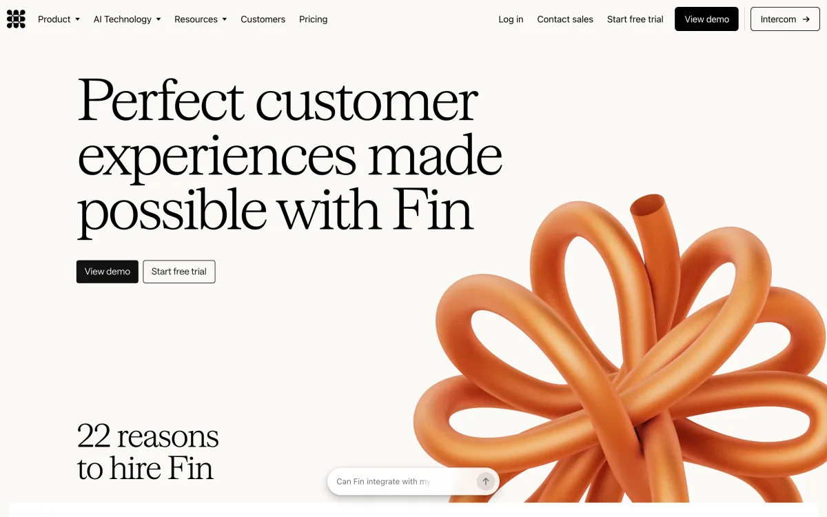 Intercom Fin product page showing the Fin AI agent for customer service