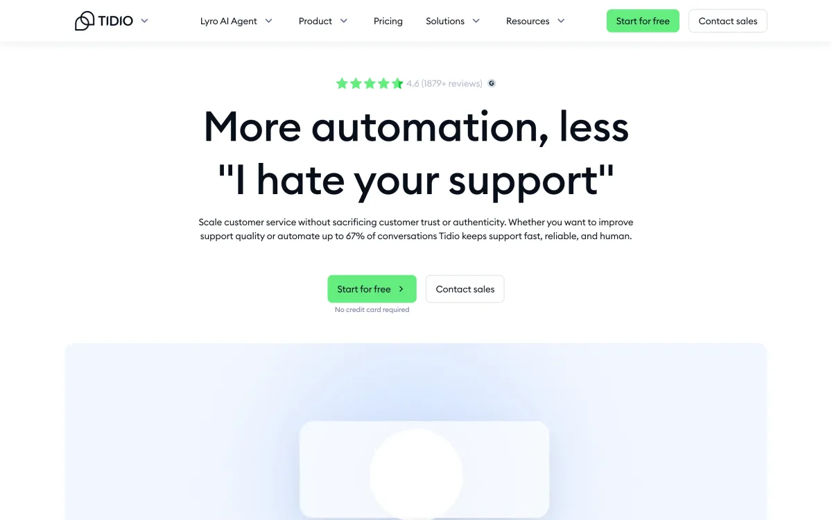 Tidio product page showing the Lyro AI agent and visual chatbot flow builder