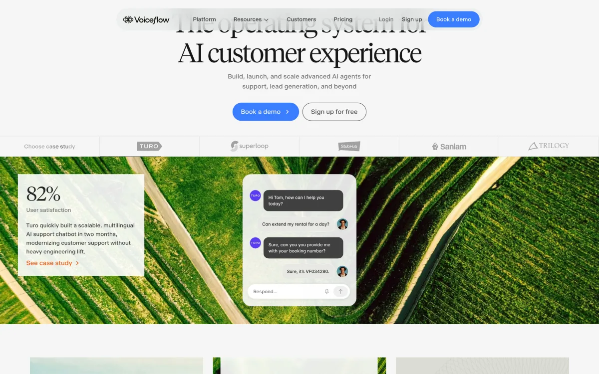 Voiceflow product page showing the visual canvas for designing and deploying AI agents