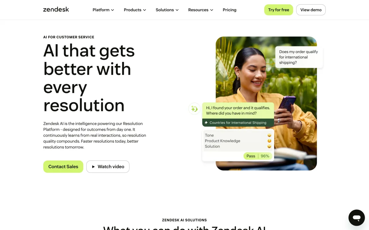Zendesk AI product page showing the Resolution Platform and AI agents for enterprise customer service