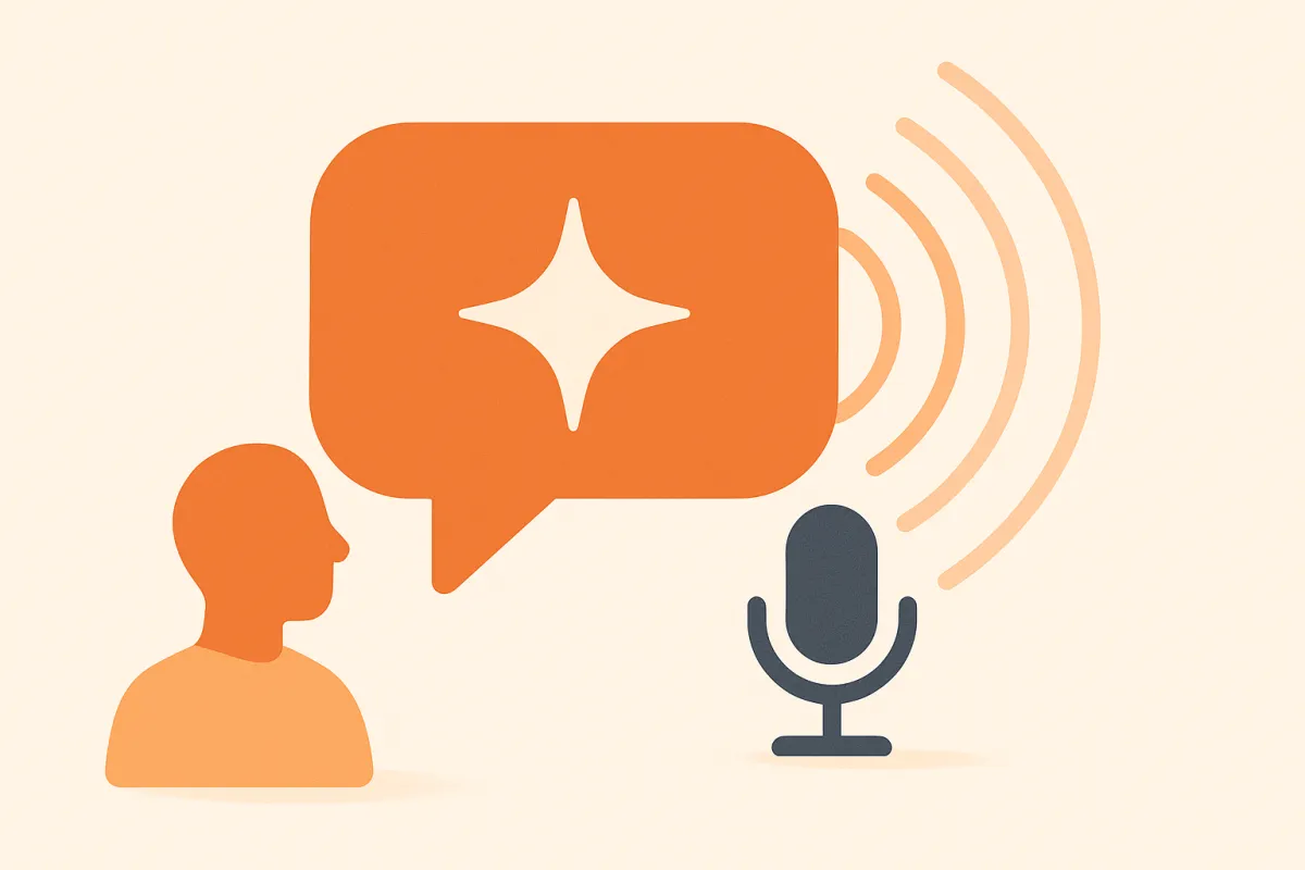 Illustration of an AI chat bubble emitting sound waves beside a microphone — voice AI for e-commerce support