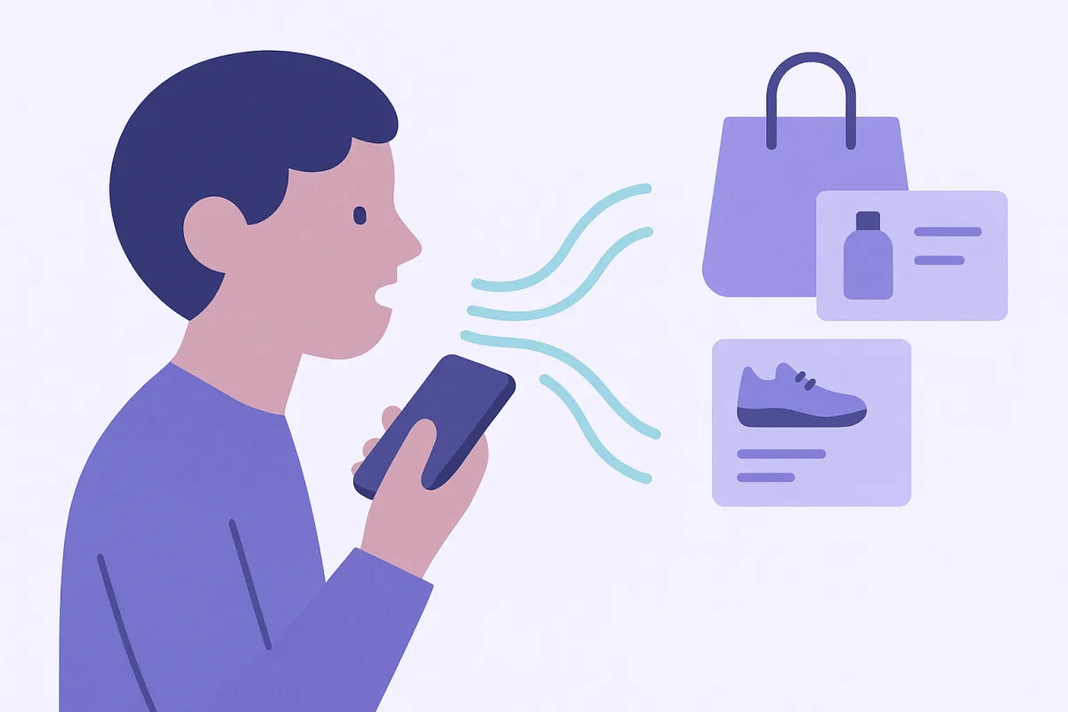 Voice shopping assistant reading back product search results aloud to a customer on an online store