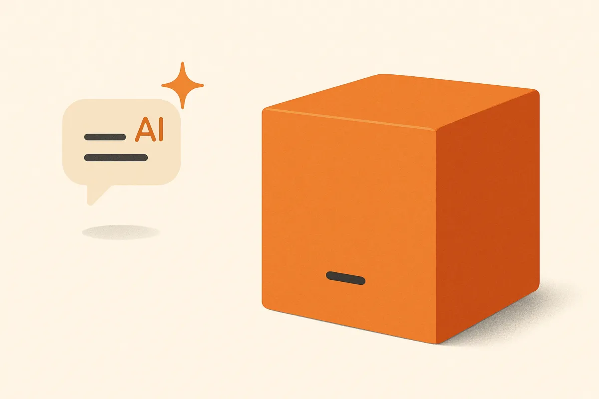Illustration of a light chat bubble beside a heavy box — a lightweight AI agent versus a heavy enterprise suite